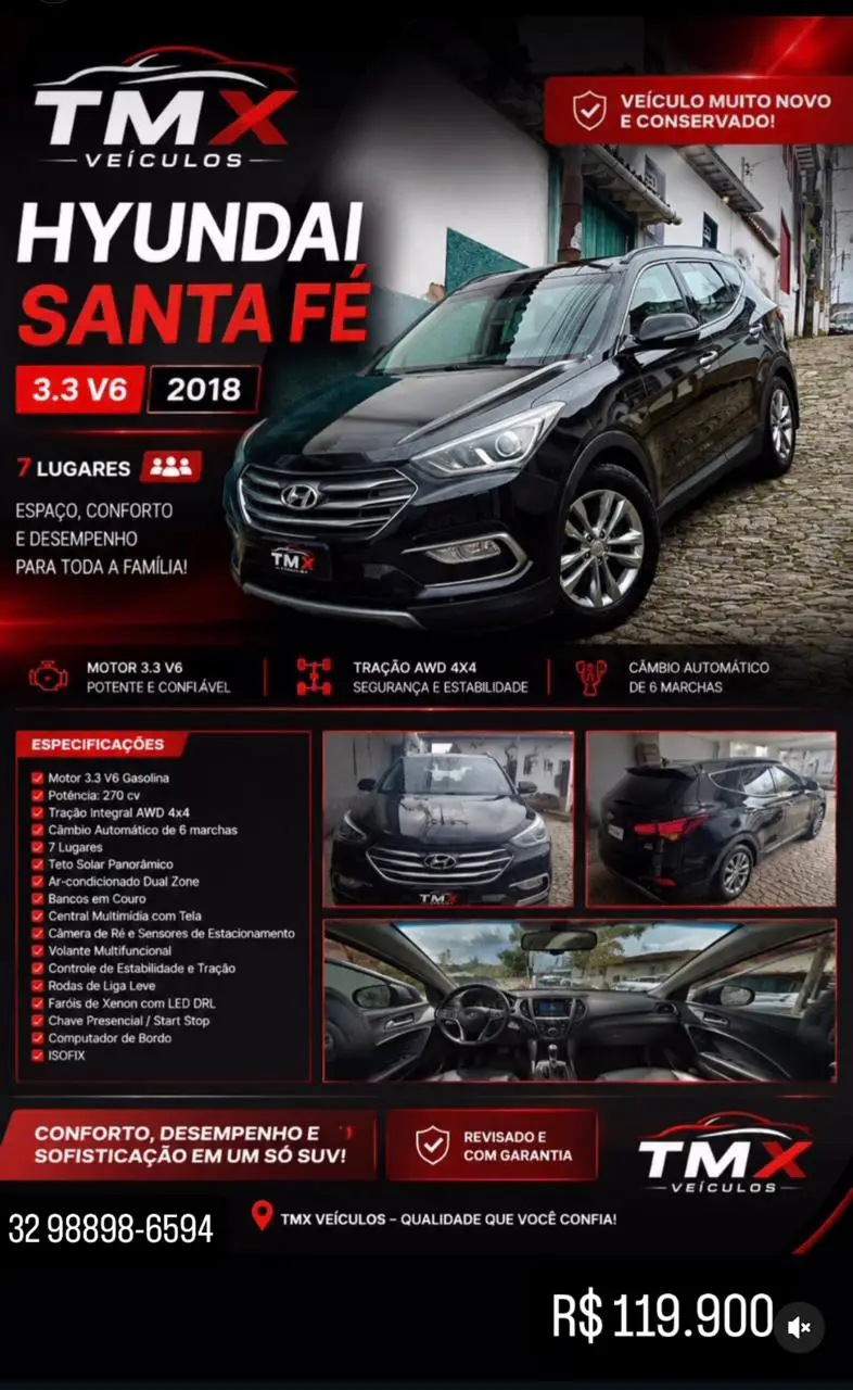 hyundai santa fe 3.3 v6 automática 4x4 awd 7 lugares 2018 – completa hyundai santa fe 3.3 v6 automática 4x4 awd 7 lugares 2018 – completa